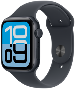 Apple Watch SE 3، إطار ألومنيوم، لون سماء الليل، واجهة "التدفق"، الجزء الخارجي الأيمن، التاج الرقمي، ميكروفون، زر جانبي، حزام رياضي بلون سماء الليل، نظام إغلاق بإبزيم ومشبك بلون فضي