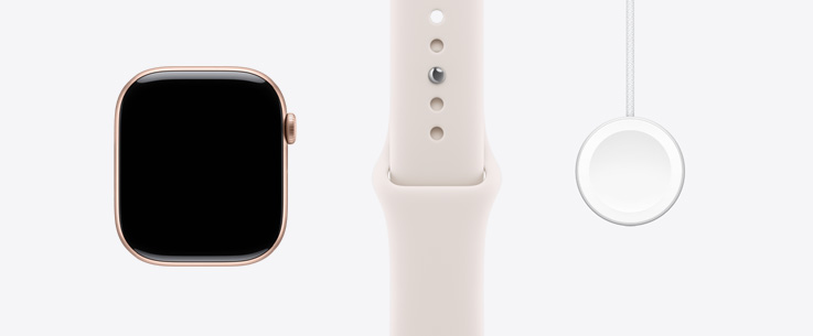 Apple Watch Series 11,展示玫瑰金色鋁金屬錶殼,正面外部,貼邊設計顯示器,淡胭脂色運動錶帶,Apple Watch 磁力快速充電器至 USB-C 連接線