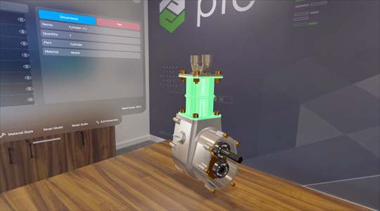 Projection 3D d’un modèle CAO de machinerie avec des informations sur la machine projetées dans un bureau