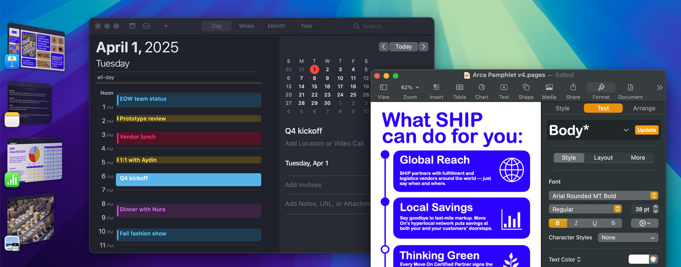 Più app aperte su uno schermo, incluse Calendario e Pages. Sul lato sinistro ci sono altre app iOS.