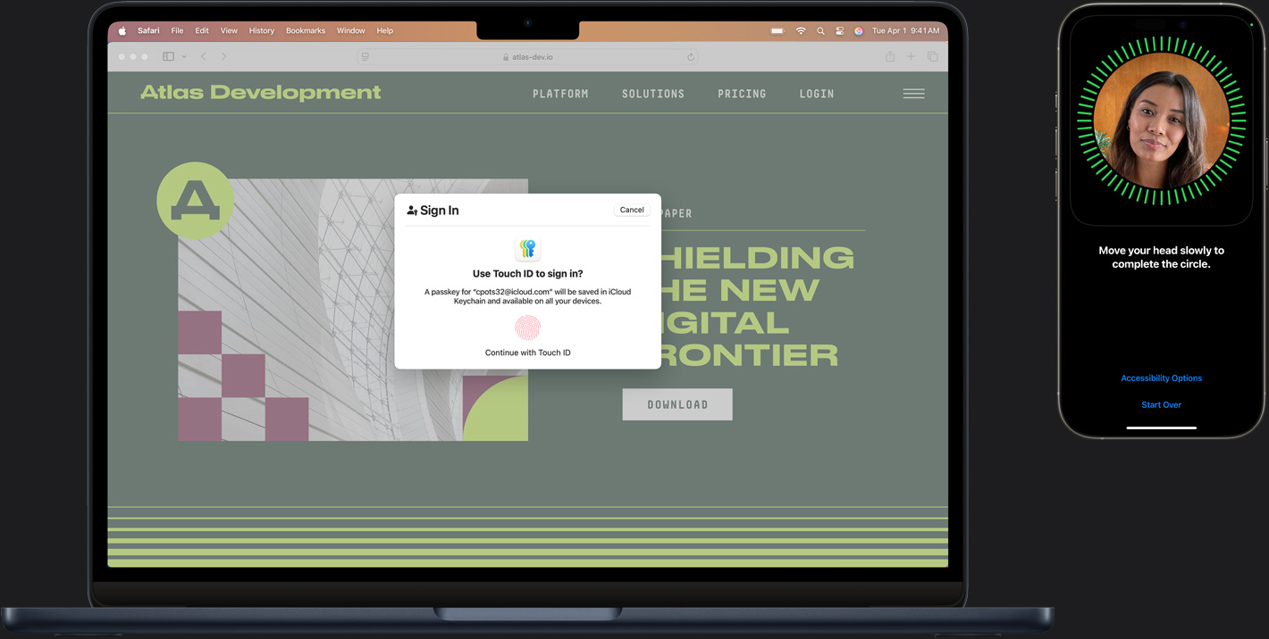 Un Mac e un iPhone con diversi elementi di Touch ID per accedere in modo sicuro.