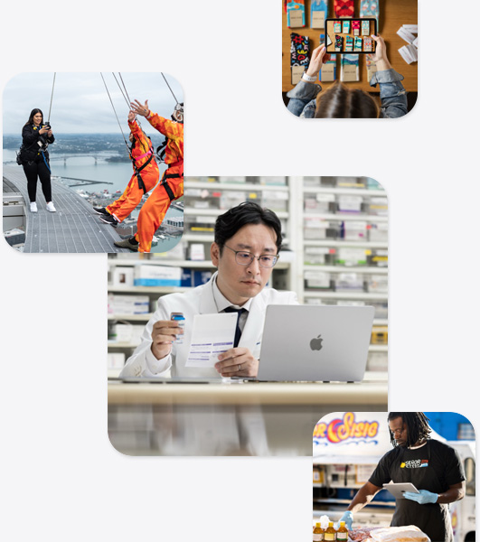 Various small businesses, including a pharmicist in a lab coat interacting with a MacBook, a bungee jumping instructor taking an iPhone photo of two people about to bungee jump, a man holding an iPad while interacting with food items, a woman taking an iPad photo of socks displayed on a table.