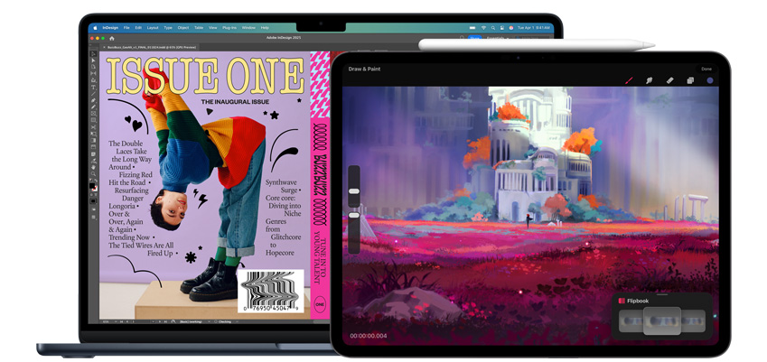 在一台 MacBook 和一台 iPad 上展示了設計應用程式,iPad 旁邊放著一支 Apple Pencil Pro。