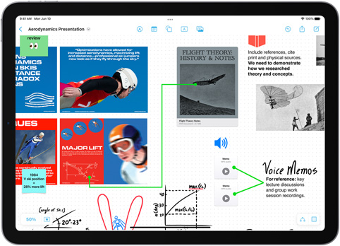 iPad 展示用於製作空氣動力學簡報的 Freeform 記事板。