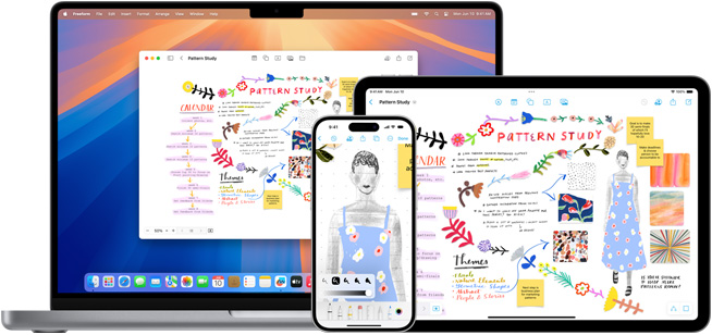 MacBook、iPhone 與 iPad 皆展示標題為「Pattern Study」的 Freeform 記事板。