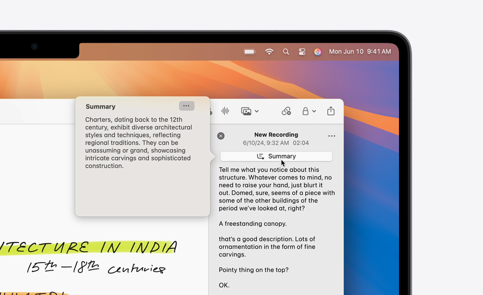 MacBook 上「備忘錄」App 中由 Apple Intelligence 摘要工具所產生的錄音轉錄摘要