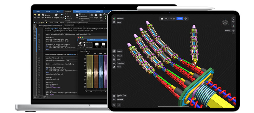 一台 MacBook 和一台 iPad 上展示了科學、技術、工程和數學應用程式,iPad 旁邊放著一支 Apple Pencil Pro。