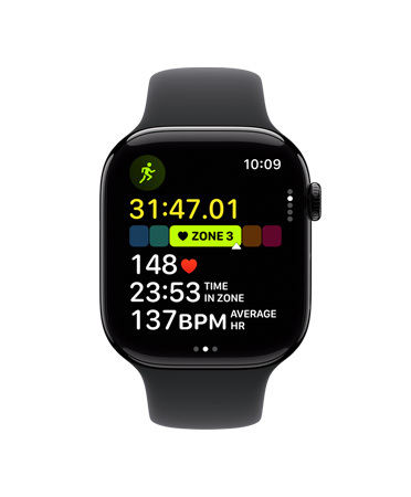 Apple Watch Series 11, aluminium case, polished jet black colour, Outdoor Run workout open, heart rate in Heart Zone 3, right side exterior: Digital Crown, black Sport Band