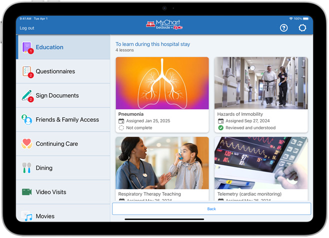 برنامج يعرض تطبيق Epic MyChart Bedside