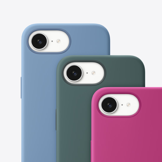 Vue arrière des coques en silicone pour iPhone 16e en bleu d’hiver, vert lacustre et fuchsia.