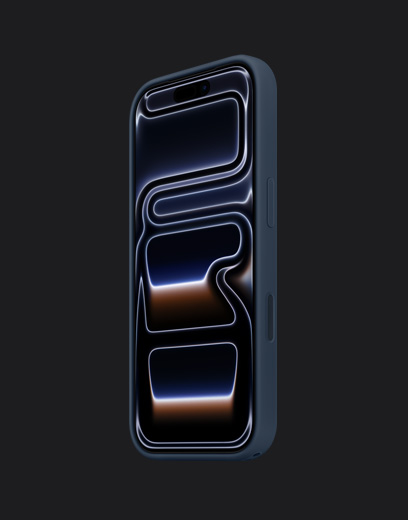 iPhone 17 Pro, front exterior, Deep Blue finish, with Silicone Case, navy color