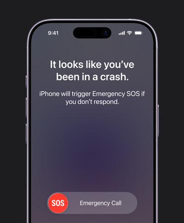 „iPhone 17“ iš priekio, užapvalinti kampai, naudojama avarijos aptikimo funkcija