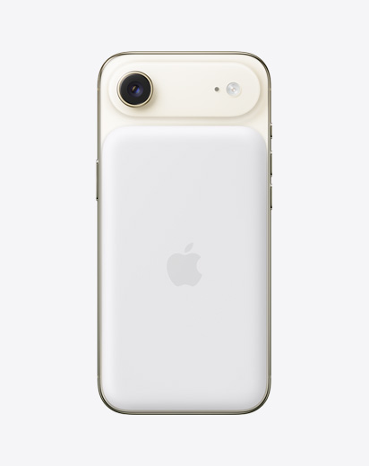 iPhone Air, parte trasera, color oro claro, con batería MagSafe acoplada