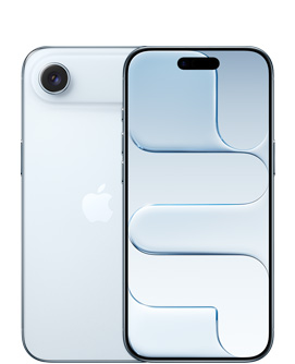 iPhone Air, parte trasera, color azul cielo, sistema de cámara Fusion en la parte superior, logo de Apple en el centro, parte frontal, color azul cielo, Dynamic Island en el centro de la parte superior