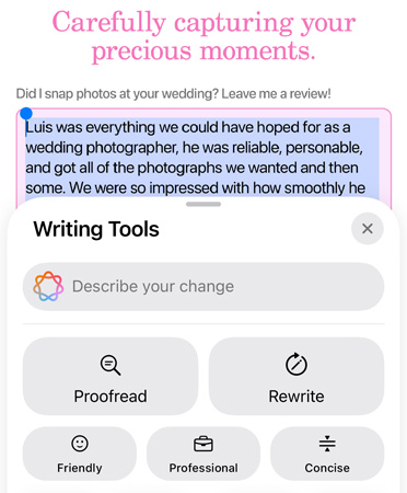 Writing Tools feature in use with options Proofread, Rewrite, Friendly, Professional and Concise