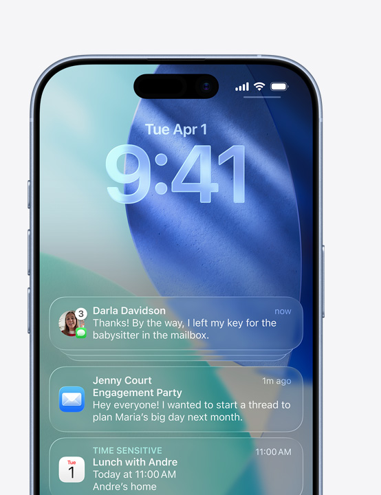 iPhone screen showing Messages pop-up, Mail pop-up, Calendar pop-up