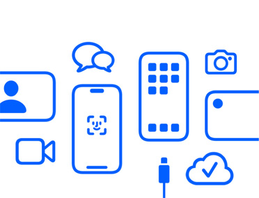 Dispositivi e funzioni Apple, iCloud, iPhone con Face ID e cavo di ricarica, Fotocamera, Messaggi.