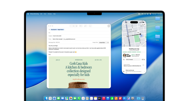 MacBook Pro 16“ with Mail and iPhone Mirroring the Uber Eats app on screen.