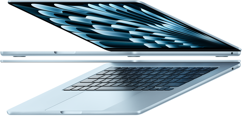 Two open MacBook Air laptops in Sky Blue color forming arrow shape, emphasizing narrow profile