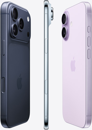 Tres dispositivos colocados en forma de abanico: lateral de la cámara de un iPhone 17 Pro azul profundo, lateral del perfil de un iPhone Air azul cielo y lateral trasero de un iPhone 17 color lavanda.