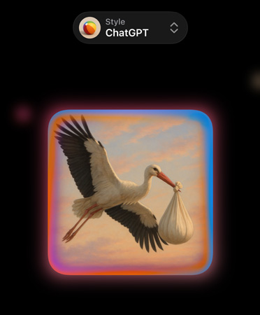Genmoji screen with image of a photorealistic stork carrying a bundle in its beak, showing options for custom-made image styles from ChatGPT
