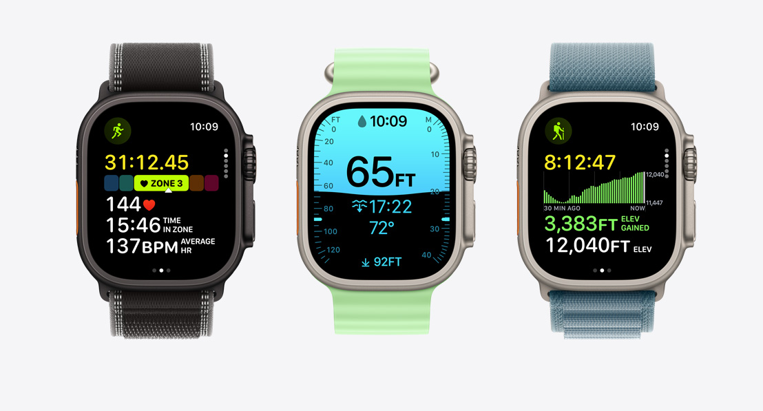 Apple Watch Ultra 3, Workout app screens: running, scuba diving, cycling