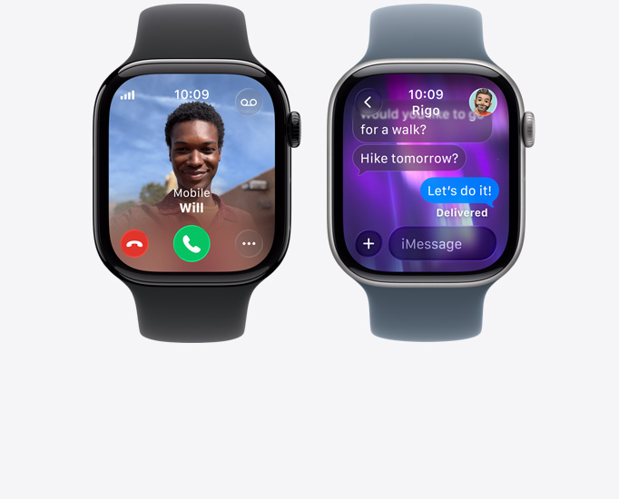 Různé Apple Watch Series 11, příchozí hovor, fotka kontaktu, tlačítka na přijetí a odmítnutí hovoru, konverzace se zprávami iMessage