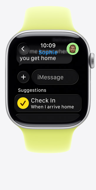 Apple Watch Series 11, hliníkové pouzdro, stříbrná barva, návrh ke spuštění Doprovodu ve zprávě iMessage, sportovní řemínek, neonově žlutá barva