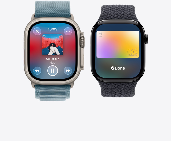 Apple Watch Ultra 3, titanium case, natural color, Apple Music app, now playing screen, Apple Watch Series 11,  aluminum case, polished jet black color, Apple Pay screen, Apple Card